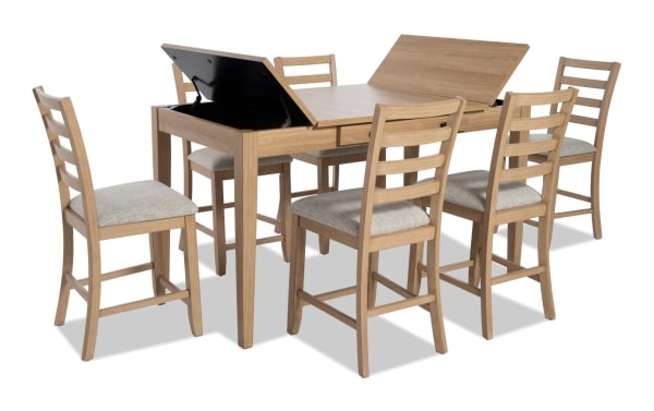 Homeworks 7 Piece Natural & Gray Counter Height Dining Set with lift-top storage table, six gray fabric-upholstered ladder back stools, transitional style, durable melamine and rubberwood frame.