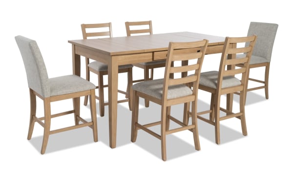 Homeworks 7 Piece Natural & Gray Upholstered Counter Height Dining Set with lift-top storage table, six gray fabric stools, transitional style, rubberwood frame, and melamine finish.