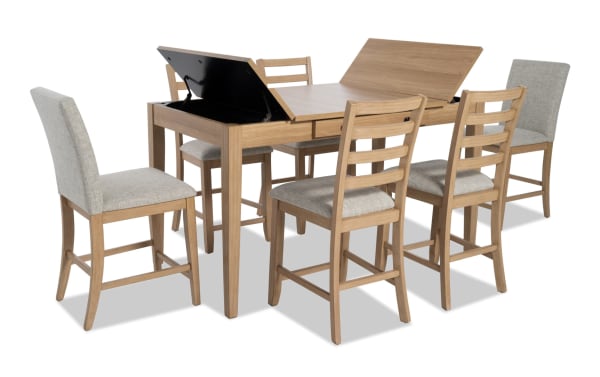Homeworks 7 Piece Natural & Gray Upholstered Counter Height Dining Set with lift-top storage table, six gray fabric stools with memory foam, transitional style.