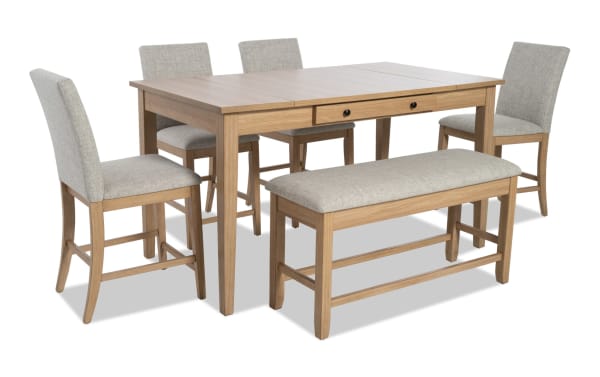 Homeworks 6 Piece Natural & Gray Upholstered Counter Height Dining Set with storage bench, gray polyester fabric, rubberwood frame, transitional style, melamine finish, featuring lift-top storage table and memory foam seating.