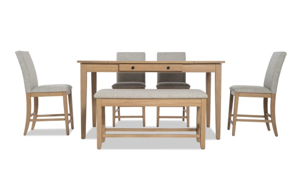 Homeworks 6 Piece Natural & Gray Upholstered Counter Height Dining Set with storage bench, gray fabric polyester upholstery, transitional style, rubberwood frame, melamine finish, includes lift-top storage table and four memory foam stools.