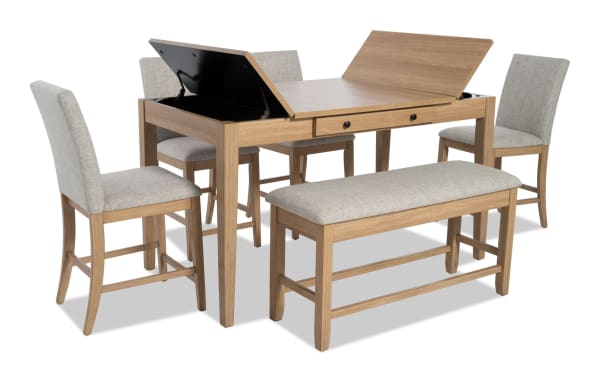 Homeworks 6 Piece Natural & Gray Upholstered Counter Height Dining Set with lift-top storage table, felt-lined drawers, gray polyester fabric stools, and storage bench in transitional style.