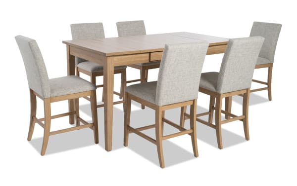 Homeworks 7 Piece Natural & Gray Upholstered Counter Height Dining Set with six gray fabric stools, lift-top storage table in durable melamine and rubberwood frame, transitional style.