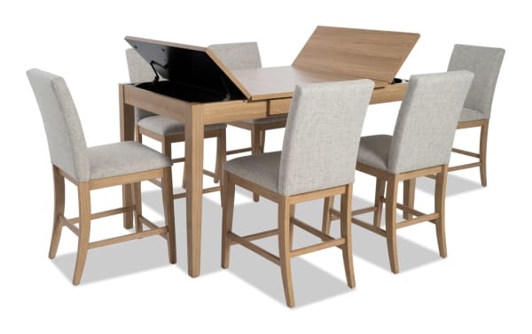 Homeworks 7 Piece Natural & Gray Upholstered Counter Height Dining Set with lift-top storage table, six gray polyester fabric stools, transitional style, durable melamine and rubberwood frame.