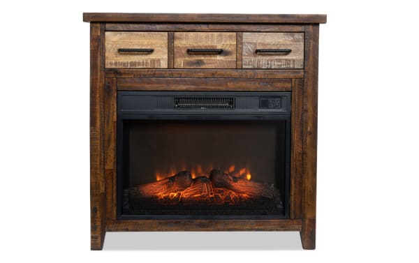 Relic 32'' brown rustic electric fireplace and TV stand with MDF frame, tempered glass, three storage drawers, and adjustable thermostat remote.