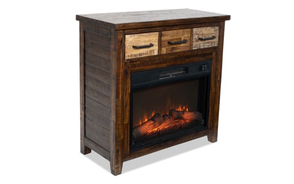 Relic 32" brown rustic electric fireplace and TV stand with three mixed wood drawers, MDF and tempered glass construction, adjustable thermostat, and remote control.