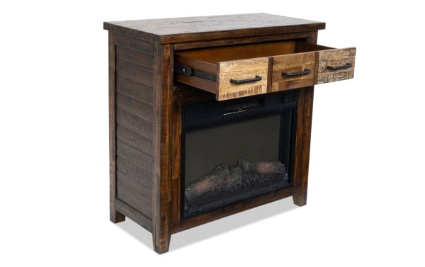 Relic 32'' brown rustic electric fireplace and TV stand with MDF, tempered glass, three storage drawers, and adjustable thermostat remote.
