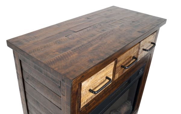 Rustic Relic 32'' brown electric fireplace and TV stand with MDF, tempered glass, three storage drawers, and black metal handles.