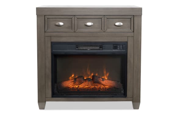 Prestige 32'' gray electric fireplace and TV stand in contemporary style, MDF and tempered glass, with realistic flame effect and three storage drawers.