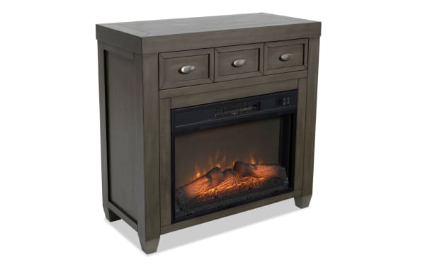 Prestige 32'' Gray Electric Fireplace and TV Stand in contemporary style, made of MDF and tempered glass, with three drawers and realistic flame effect.