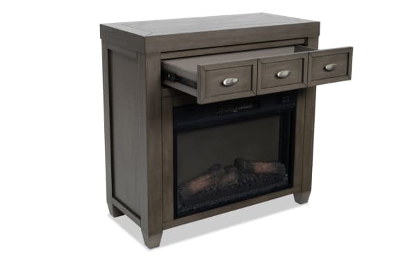 Prestige 32'' Gray Electric Fireplace and TV Stand from Prestige Occasional, contemporary MDF and tempered glass with storage drawer, fully assembled.
