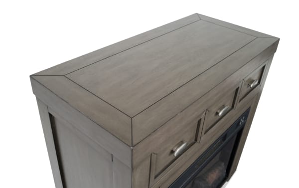 Contemporary Prestige 32" gray electric fireplace and TV stand in MDF and tempered glass, featuring three drawers with silver handles and a fully assembled frame.