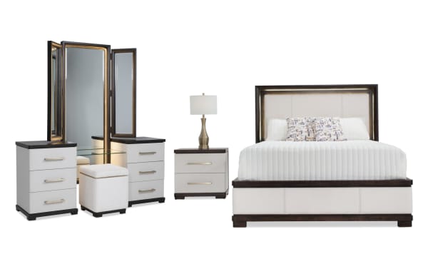Contempo 4 Piece Queen Ivory & Espresso Bedroom Set with vanity, nightstand with USB/USB-C charging, faux leather stool, pine solids, birch veneers, contemporary style.