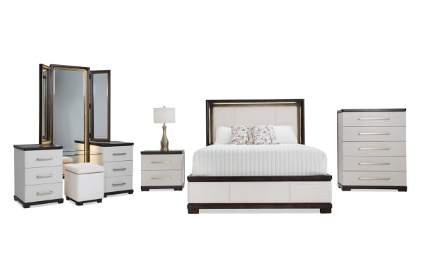 Contempo 5 Piece King Ivory & Espresso Bedroom Set with vanity, nightstand with USB/USB-C charging, faux leather memory foam stool, pine solids, birch veneers, contemporary style.