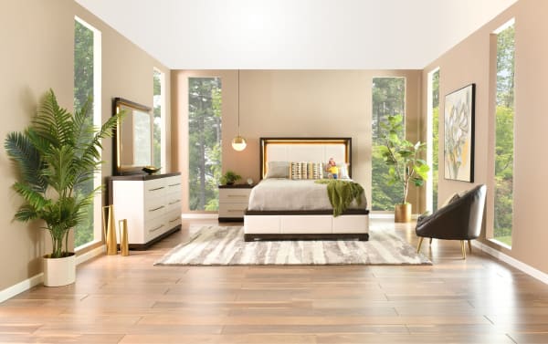 Contempo 5 Piece King Ivory & Espresso Bedroom Set with USB-C nightstand, faux leather vanity stool, pine solids, birch veneers, and contemporary style.