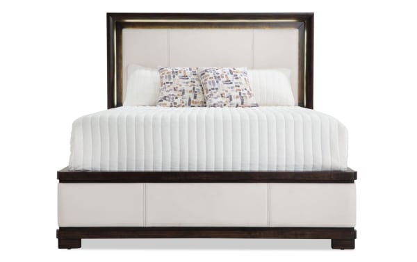 Contempo 5 Piece King Bedroom Set with ivory faux leather upholstery, espresso pine solids, birch veneers, and contemporary design.
