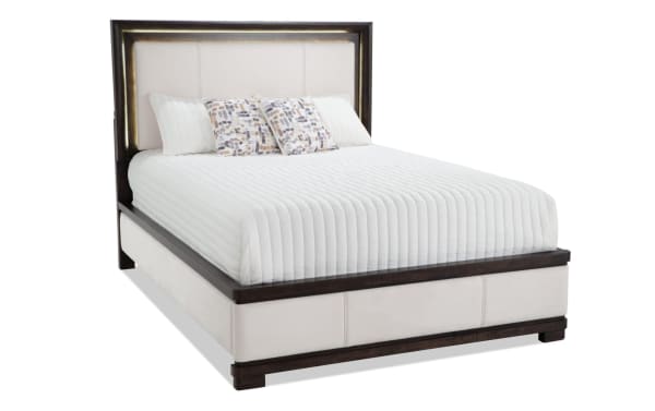 Contempo 5 Piece King Bedroom Set in ivory and espresso, featuring faux leather upholstery, pine solids, birch veneers, and a contemporary design with a glowing headboard.