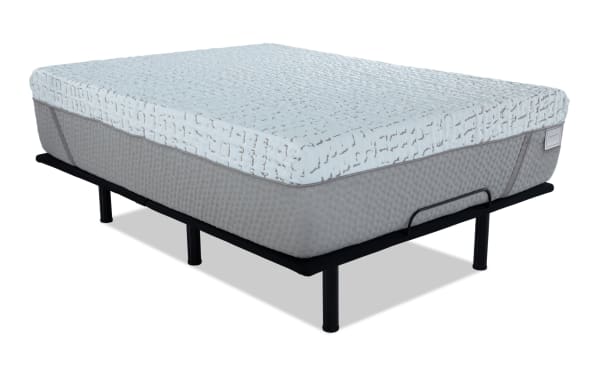Power Bob Essential Base with Enchant 16" Twin XL Firm Mattress featuring gray quilted foam, cooling cover, and sturdy black metal frame for firm support.