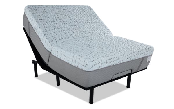 Power Bob Essential Base with Enchant 16'' Queen Firm Mattress set, adjustable gray foam mattress with cooling cover and black metal base frame.