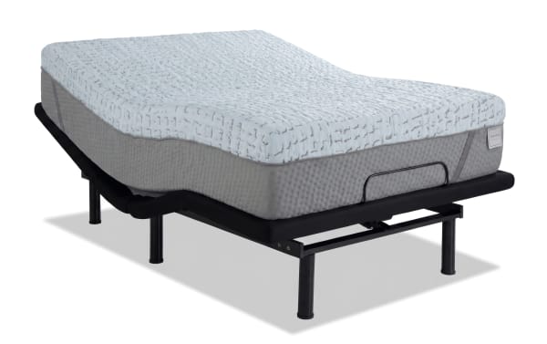 Power Bob Elite Base with Enchant 16'' Queen Ultra Plush Mattress in gray and white, featuring quilted cooling cover, plush foam layers, and sturdy black metal frame for enhanced support.