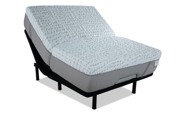 Power Bob Elite Base with Enchant 16" Queen Ultra Plush Mattress in white and gray, adjustable base with raised head section, cooling cover, and plush foam layers for pressure relief.