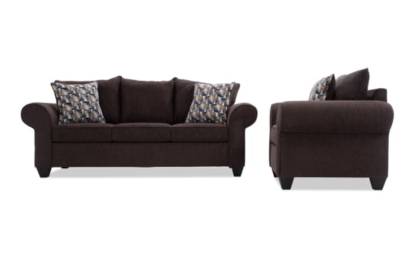 Kylie Chocolate 92'' transitional sofa and chair set in brown polyester fabric with roll arms, Bob-O-Pedic memory foam cushions, and patterned accent pillows.