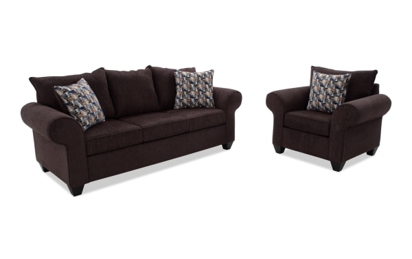 Kylie Chocolate 92'' transitional sofa and chair set in brown polyester fabric with rolled arms, memory foam cushions, sinuous spring seating, and patterned accent pillows.