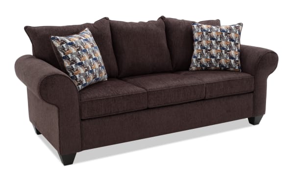 Kylie Chocolate 92'' transitional sofa in brown polyester fabric with plush cushions, rolled arms, no-sag spring seating, and patterned accent pillows.