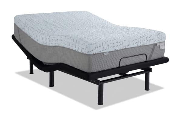 Power Bob Ultra Base with Enchant 16'' Queen Dual Mattress featuring gray quilted base, white textured cooling cover, CertiPUR-US® foam, and dual comfort options.
