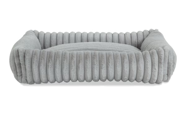 Contemporary Sofia Gray Pup-O-Pedic Medium Pet Bed in gray polyester fabric with channel tufted cushion and memory foam, machine washable cover.