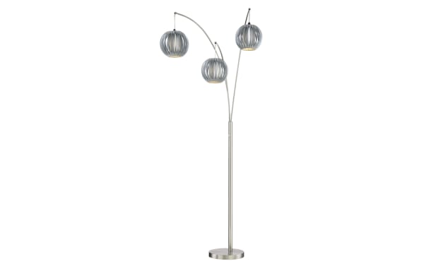 Gemma 91'' Gray Arc Floor Lamp with three gray lantern-style vinyl shades, nickel finish, transitional style for ambient mood lighting.