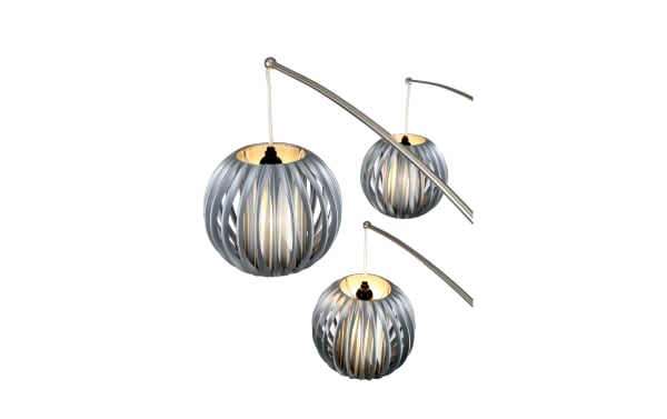 Gemma 91'' Gray Arc Floor Lamp with three lantern-style gray vinyl shades, nickel frame, transitional design for ambient mood lighting.