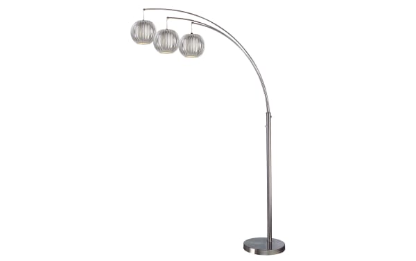 Gemma 91'' Gray Arc Floor Lamp with nickel frame and vinyl lantern-style shades, offering transitional gray mood lighting for living spaces.