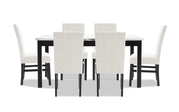 Luna 7 Piece Black & White Upholstered Dining Set with contemporary faux marble MDF tabletop, gray polyester fabric chairs, and black legs.
