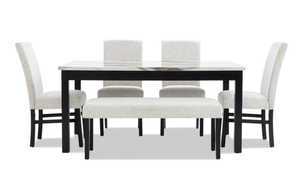 Luna 6 Piece Black & White Upholstered Dining Set with gray fabric polyester chairs and bench, black MDF frame, and contemporary faux marble tabletop.