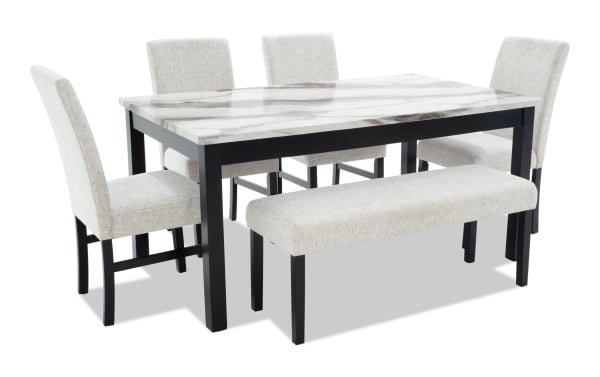 Luna 6 Piece Black & White Upholstered Dining Set with Bench features a gray faux-marble MDF tabletop, contemporary black frame, and gray polyester fabric chairs and bench.