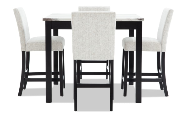Luna 5 Piece Black & White Upholstered Counter Height Dining Set with gray polyester fabric chairs, faux marble square tabletop, and contemporary black MDF frame.