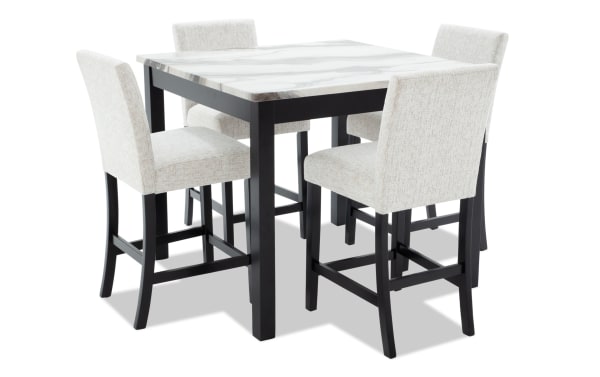 Luna 5 Piece Black & White Upholstered Counter Height Square Dining Set with faux marble MDF tabletop, gray polyester fabric chairs, contemporary style.