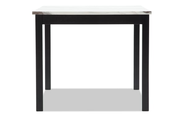 Contemporary Luna 5 Piece Black & White Upholstered Counter Height Square Dining Set with gray faux marble MDF tabletop and black polyester fabric legs