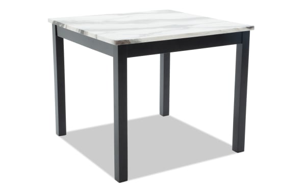 Contemporary Luna 5 Piece Gray Upholstered Counter Height Dining Set with faux marble square tabletop and black MDF legs, fabric polyester chairs
