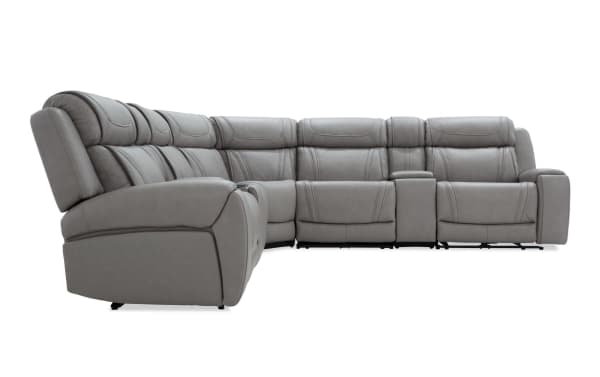 Dynamic Gray Leather 131'' Bluetooth Audio Power Reclining 7 Piece Sectional in gray leather with transitional style, featuring power recline, independent headrests, storage console with wireless charging, USB/USB-C ports, Bluetooth, memory foam cushioning, massage, and cup holders.