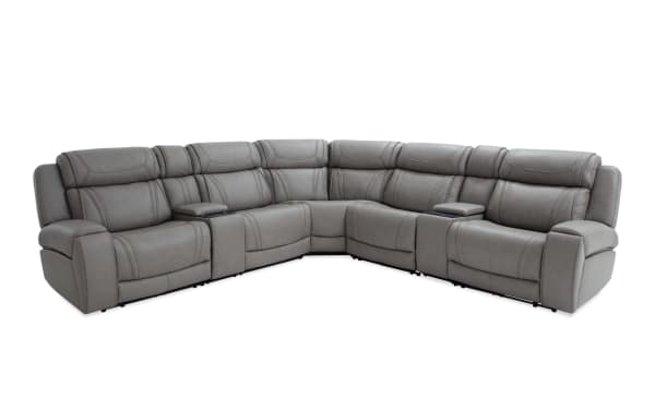 Dynamic Gray Leather 131'' Bluetooth Audio Power Reclining 7 Piece Sectional with gray leather upholstery, transitional style, power recliners, USB ports, and storage console.