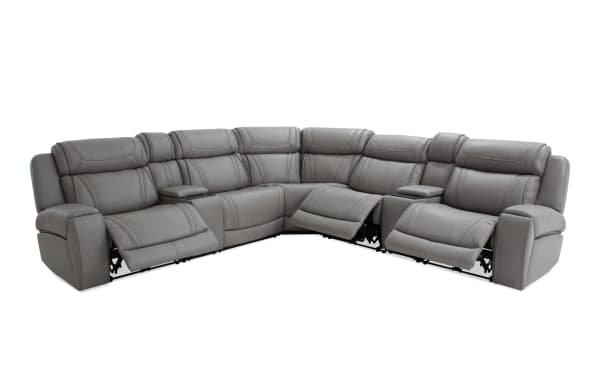 Dynamic Gray Leather 131" Bluetooth Audio Power Reclining 7 Piece Sectional in gray leather with power recliners, USB ports, wireless charging, and cup holders.