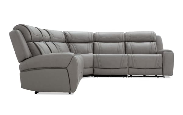 Dynamic Gray Leather 118'' Power Reclining 5 Piece Sectional with power headrests, USB ports, gray transitional leather upholstery, and memory foam cushioning.