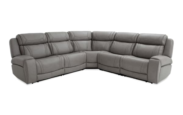 Dynamic Gray Leather 118'' Power Reclining 5 Piece Sectional with Power Headrest, USB ports, cup holders, and Bob-O-Pedic Memory Foam, transitional style.