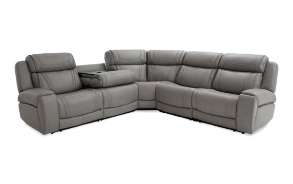 Dynamic Gray Leather 118" Power Reclining 5 Piece Sectional with power headrests, USB ports, cup holders, and Bob-O-Pedic Memory Foam in gray leather upholstery.