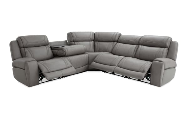 Dynamic Gray Leather 118'' Power Reclining 5 Piece Sectional with power headrests, USB ports, cup holders, and Bob-O-Pedic Memory Foam in gray leather, transitional style.