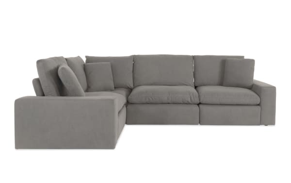 Dream Gray 131'' Power Reclining 4 Piece Modular Sectional in gray polyester fabric with power headrests, 2 recliners, armless chair, and corner piece.