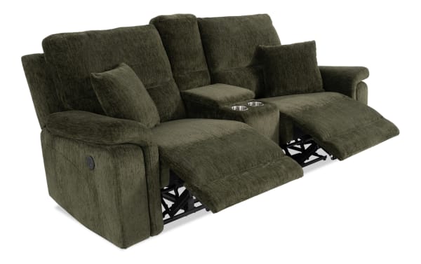 Renegade Green 88" power reclining console loveseat in green polyester fabric, with plush pillows, padded arms, USB ports, cupholders, and hidden storage.