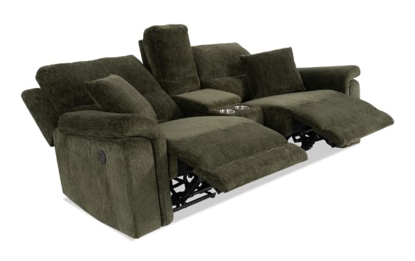 Renegade Green 88'' power reclining console loveseat in green polyester fabric with plush pillows, padded arms, USB ports, cupholders, and hidden storage.